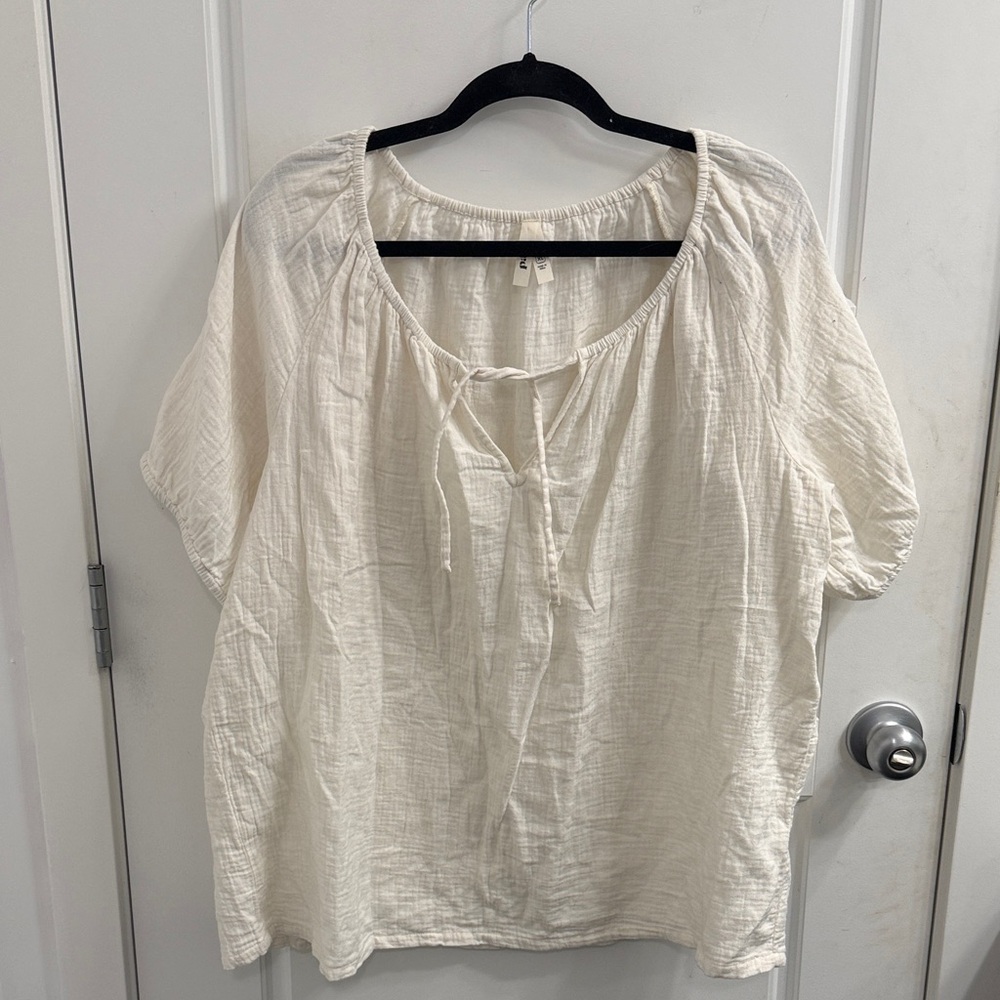 Pact Crinkle Gauze Relaxed Popover Blouse Size XL 100% Organic Cotton Cream